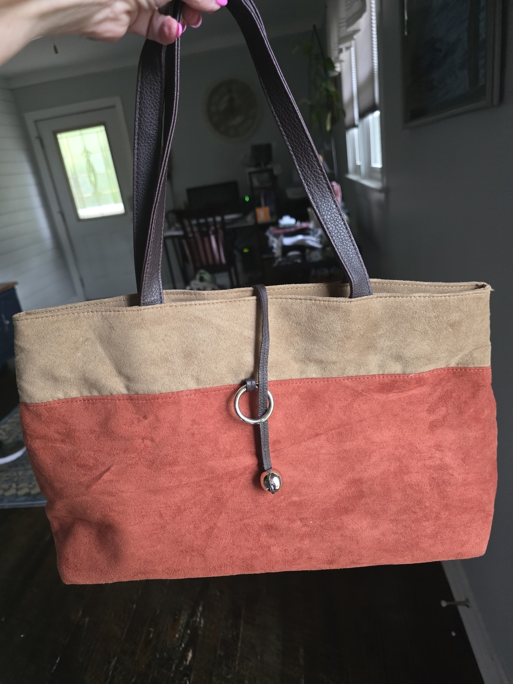 Estee Lauder Suede Two-Tone Tote Bag - Rust and Tan
